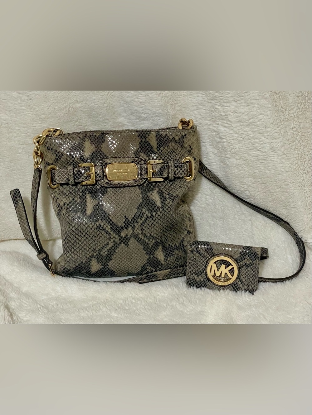 Michael Kors Taupe Snake-Print Shoulder Bag And Wallet With Gold Hardware